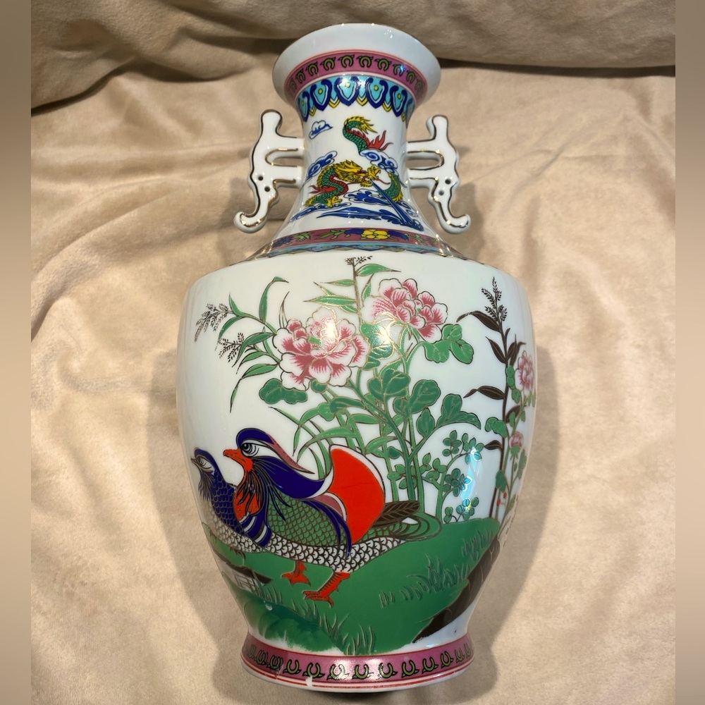 Floral Ceramic Vase with Colorful Bird Design